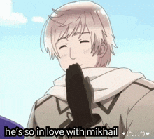a cartoon character with the words he 's so in love with mikhail on the bottom