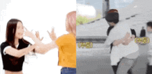 two women are hugging each other and one is wearing a yellow shirt .