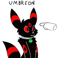 a drawing of a black cat with red eyes and a green collar pointing at something .