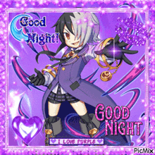 a picture of a girl saying good night with purple hearts in the background