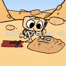 a cartoon character is standing next to a large rock with the words love you demi < 3 below it