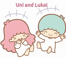 a girl with pink hair and a boy with blue hair are sitting next to each other with the words " uni and luka " above them