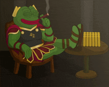 a cartoon of a green frog smoking a cigar with az on his chest