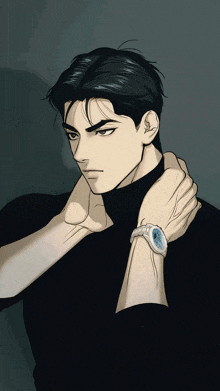 a drawing of a man wearing a watch and a turtleneck