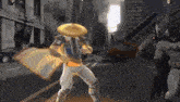 a video game scene with a man wearing a straw hat