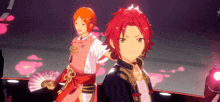 two anime characters are standing next to each other in a dark room