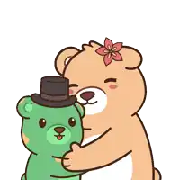 a teddy bear with a top hat and a flower on its head is hugging another teddy bear