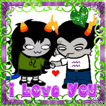 a picture of two trolls holding hands with the words i love you in pink