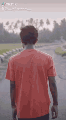 a man in a red t-shirt is walking down a road ..