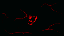 a red background with a black outline of a monster
