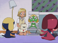 a girl is kneeling down holding a box with a cross on it