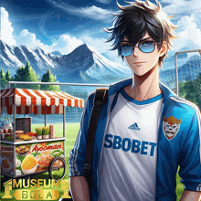 a man wearing a sbobet shirt stands in front of a food cart