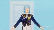 two anime characters are dancing in front of a door with the words rabbits on the bottom