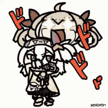 a cartoon drawing of a girl holding a knife and a sword .