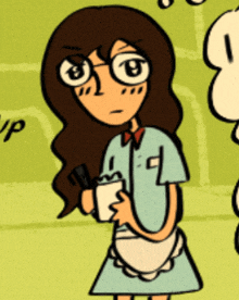 a cartoon drawing of a woman holding a notepad and a pen