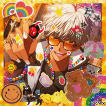 a picture of a boy with a lot of stickers on his face .