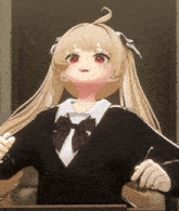 a girl with long blonde hair and red eyes is holding a pen