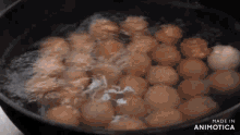 eggs are being cooked in a pan of water with the words made in animatica on the bottom