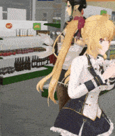 a couple of anime characters standing in front of a shelf with bottles of beer on it