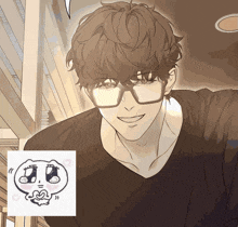 a drawing of a man wearing glasses next to a drawing of a face