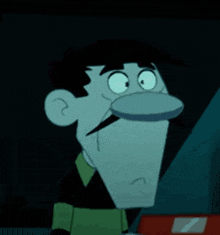 a cartoon character with a big nose and a mustache is looking at something .