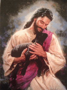 a painting of jesus holding a black sheep in his arms