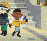 a cartoon character is walking down a sidewalk while holding a blue flag .