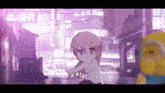 a pixel art of a girl standing next to a minion in a city .