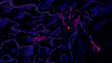 a cartoon drawing of a monster with a purple glowing beam coming out of it