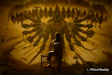 a painting of a man kneeling in front of a huge statue with many hands