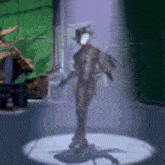 a cartoon character is standing in a room in front of a spotlight .