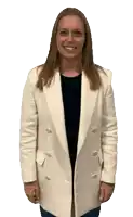 a woman wearing a white jacket and a black shirt