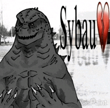 a black and white drawing of a monster with the word sybau behind it