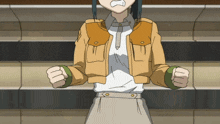 a cartoon character with a yellow jacket and a white shirt has his fist in the air