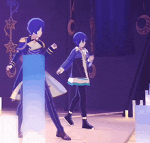 two anime characters are dancing on a stage with a blue background