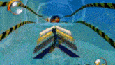 a cartoon character is flying through the air in a video game with a blue background .