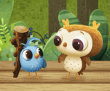 a cartoon owl and a blue bird are standing next to each other