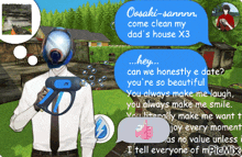 a man in a gas mask is talking to a man in a red shirt in a video game
