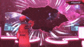 a person in a red coat stands in front of a screen that says flayon3d on it