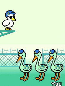 a cartoon of a duck wearing a blue hat and sunglasses with the word you below it