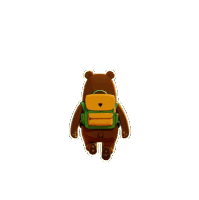 a brown bear with a green and yellow backpack