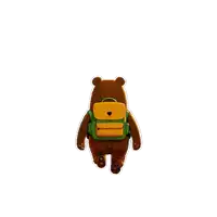 a brown bear with a green and yellow backpack