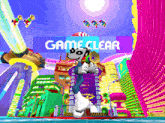 a game clear screen with a cartoon character
