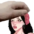 a pixel art of a woman wearing a red hat and earrings being touched by a hand .