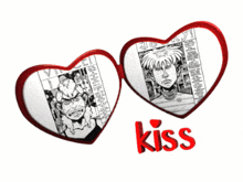 two heart shaped mirrors with a picture of a man and the word kiss on the bottom