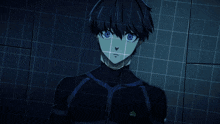 a man with blue eyes is surrounded by a grid of squares