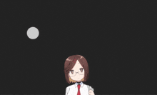 a girl with glasses stands in front of three circles on a black background