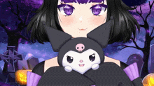 a girl with purple eyes holding a stuffed animal with a skull on it