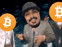 a man wearing a ny hat is surrounded by a group of people with their faces obscured by a bitcoin symbol