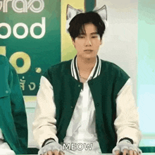 the boy is wearing a cat ear headband and a green jacket .